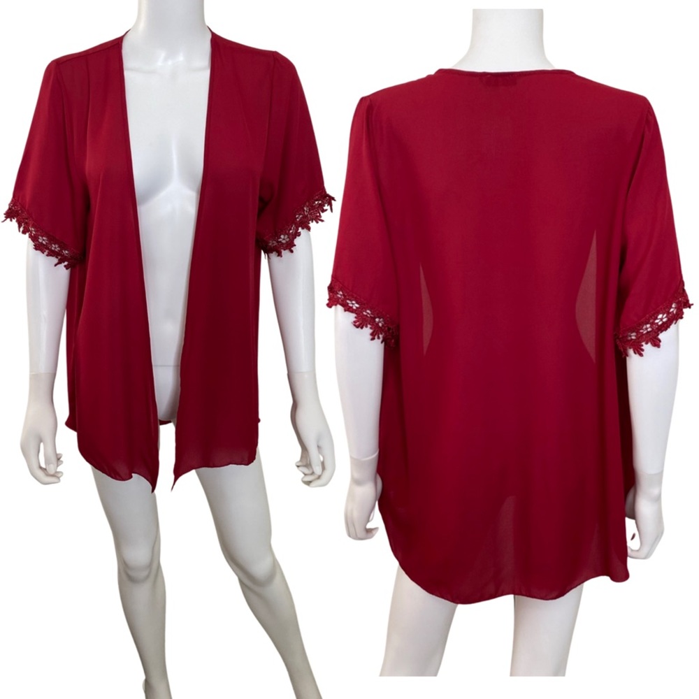 Red Short Sleeve Lace Trim Kimono Top